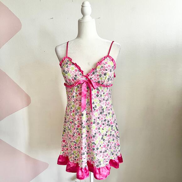 Y2K‎ Pink Floral Babydoll Slip Dress, Fairycore 2000s Vintage Coquette Medium - Picture 1 of 6